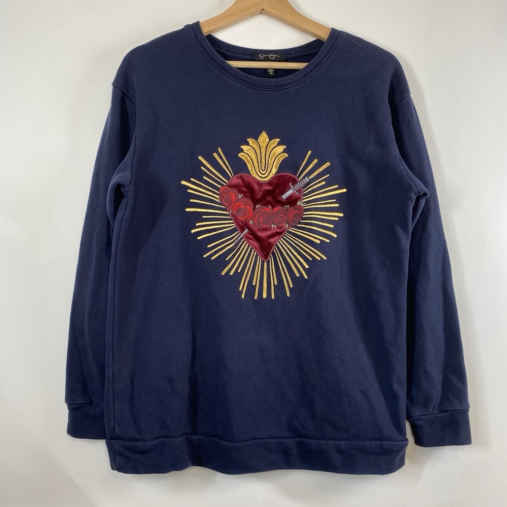 Jessica Simpson Womens Velvet Heart Rose Sweatshirt Size M Grunge Goth Navy Gold